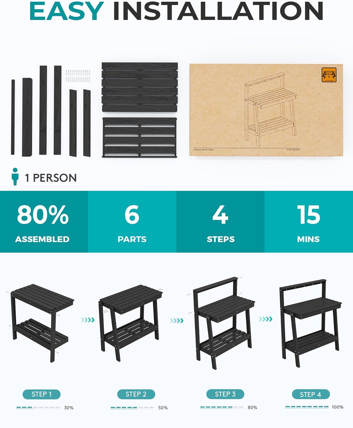 SERWALL Potting Bench Outdoor with Storage Set of 2, 3-Tier HDPE Gardening Table with Angled Legs & Tool Hooks, All-Weather Heavy Duty Potting Table for Patio, Backyard, Garden, Black