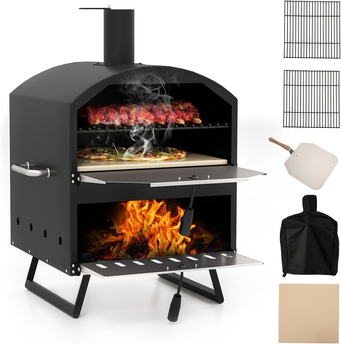 Happygrill Pizza Oven Outdoor, 16” 2-Layer Wood Fired Pizza Maker with Stone, Peel & Grill Racks, Portable Burning Stove with Folding Legs and Cover for Camping Patio Backyard BBQ