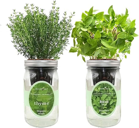 2-Pack Hydroponic Mason Jar Herb Garden Kit, Indoor Herb Garden Self-Watering Starter Kit (Thyme,Thai Basil)