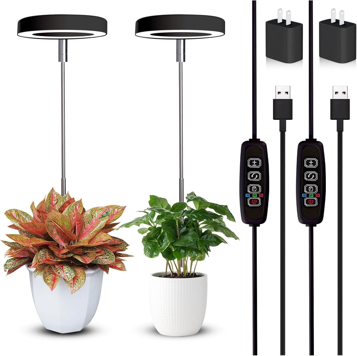 Grow Lights for Indoor Plants Small Potted - Full Spectrum, Auto 3/9/12H Timer, 10-Level Dimming & Adjustable Height - Compact Grow Light for Succulents, Herbs, Foliage in Home/Office (Black,2PACKS)