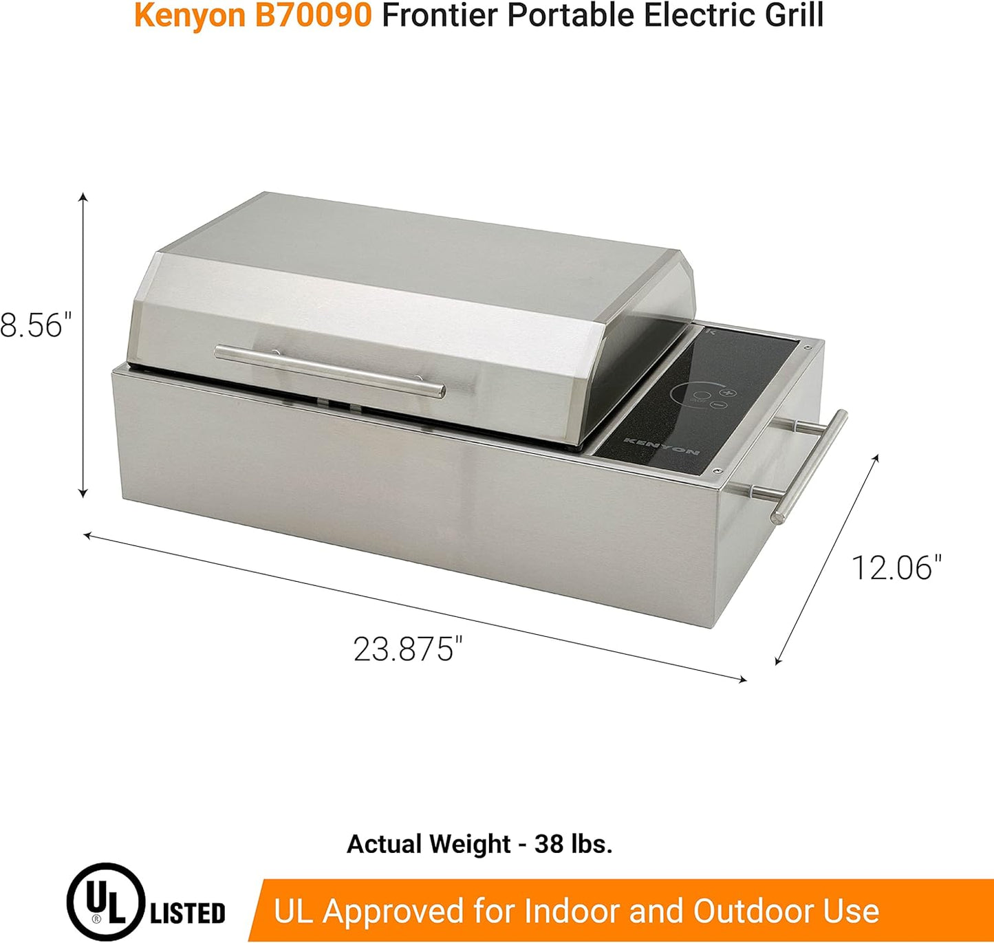 Kenyon Frontier Portable Electric Grill, Waterproof Digital Touch Control, UL-Approved For Indoor And Outdoor Use, Stainless Steel, Rust-Proof Grill, Quick Heat Up, Dishwasher Safe, 120V