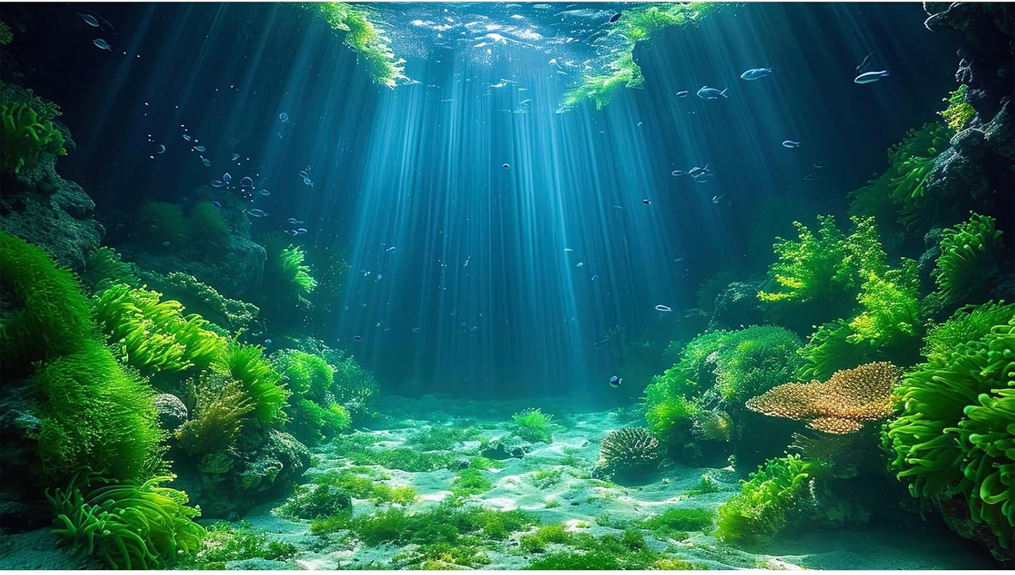 Aquarium Background Aquatic Plants Soft Algae Terrarium Backdrop Underwater World Fish Rock with Moss Sunlight Rays Fish Tank Background Aquarium Wallpaper Poster Decor Vinyl 30x18in