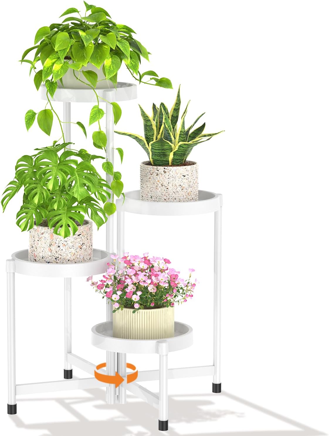 LASZOLA 4 Tiered Folding Plant Stand Indoor for Multiple Large Planter, Tall Heavy Duty Adjustable Rack with Rust Proof Plastic Shelving, Sturdy Vertical Tree Organizer for Narrow Inside Floor, White