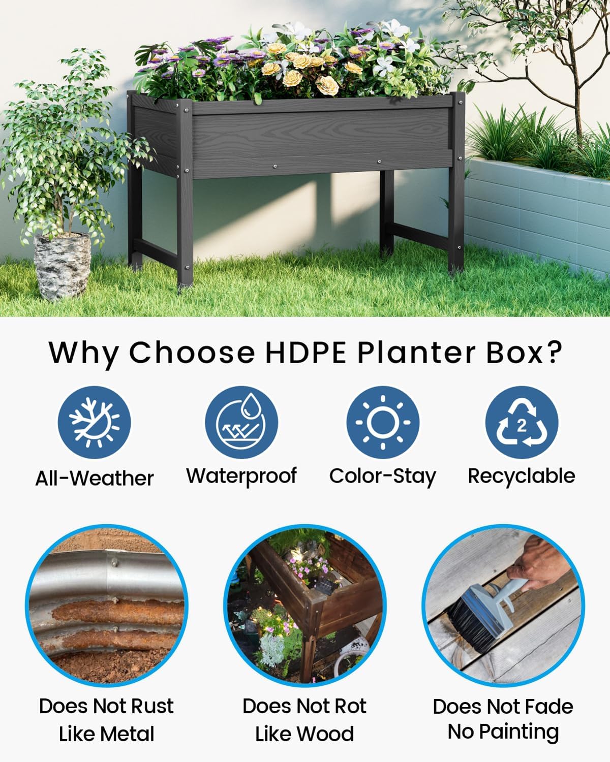 HDPE Raised Garden Bed with Legs, Outdoor Weather-Resistant Elevated Planter Box Stand for Seeds, Herbs, Flowers, Vegetables (Black)
