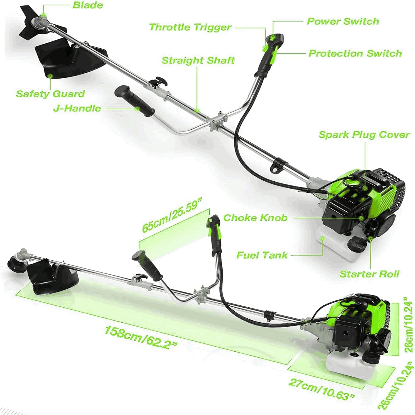 COOCHEER Brush Cutter Gas Powered 58cc, 4 in 1 Weed Wacker Gas Powered, 2 Cycle Straight Shaft String Trimmer Grass Cutter Machine for Lawn and Garden Care Trimming, Green