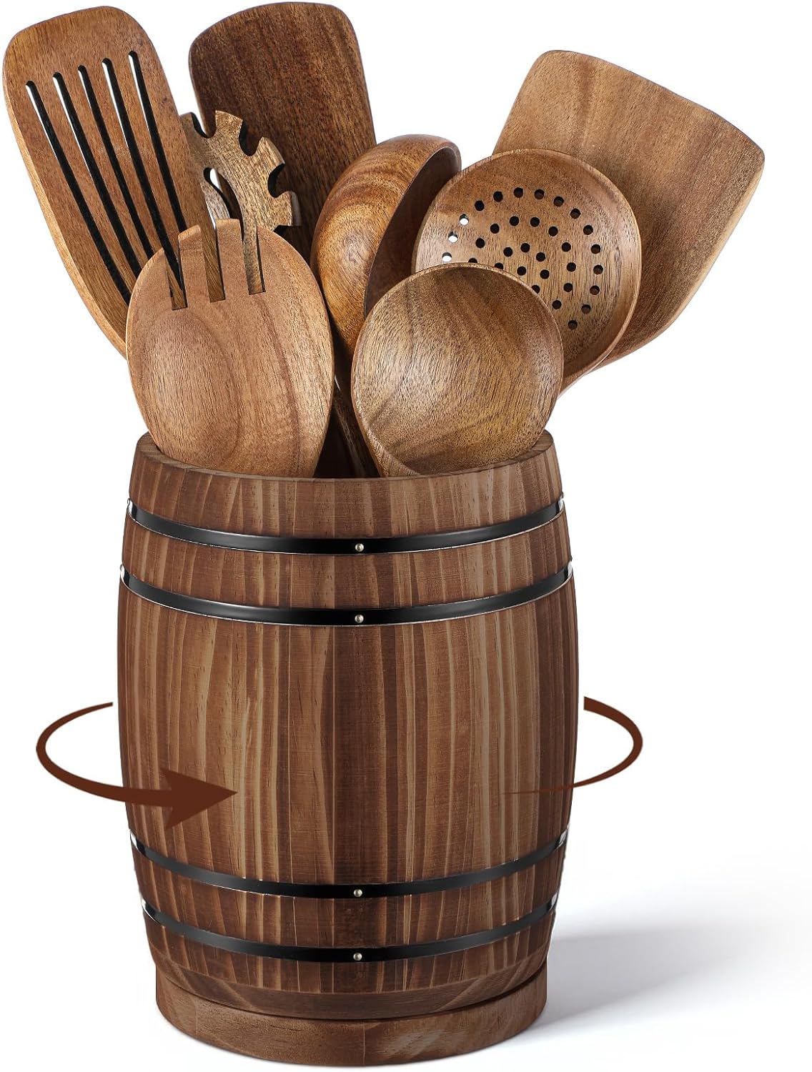 Honeydak Wooden Utensil Holder for Kitchen Counter, 360° Rotating Wine Barrel Design Large Cooking Spoon Crock Organizer, Rustic Vintage Burnt Wood Tool Holder for Farmhouse Kitchen, Gifts Decor