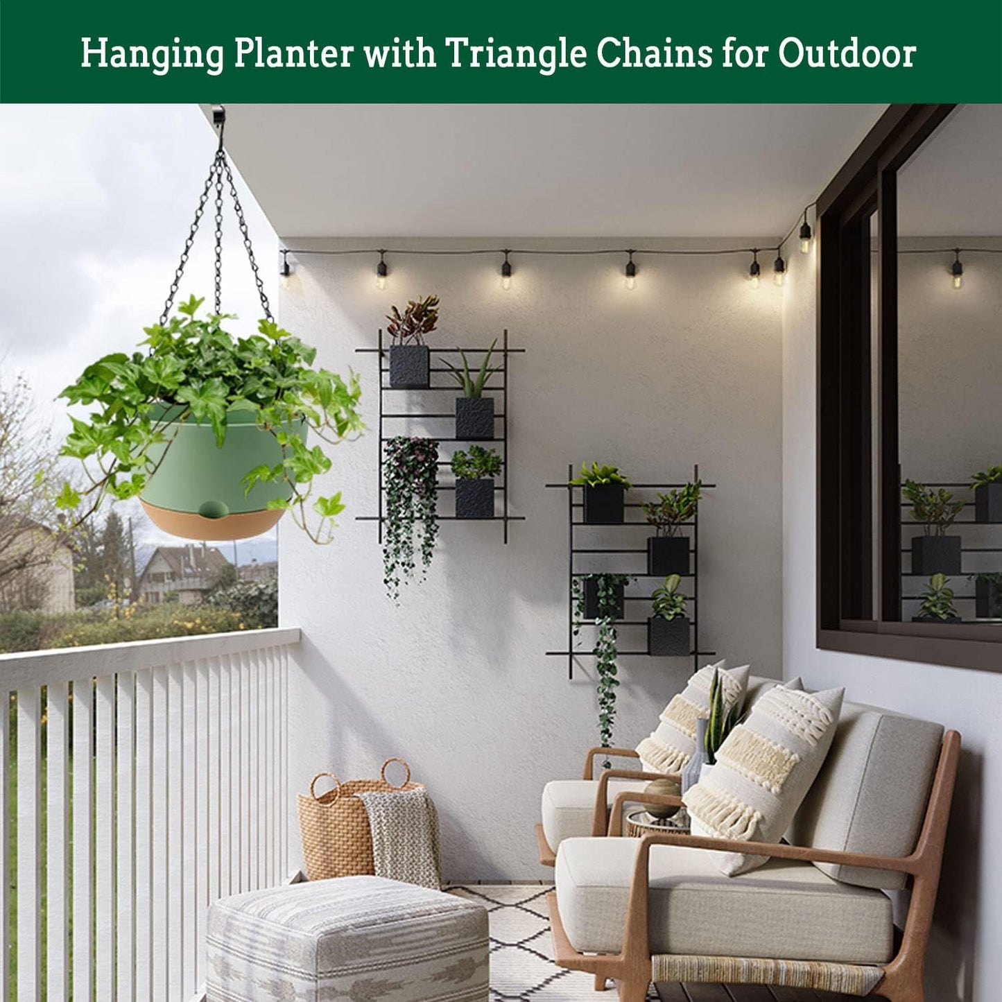 Hanging Planter Self Watering 10 Inch, 2 Pack Indoor Outdoor Hanging Baskets, Hanging Flower Pots with Drainage Hole & 2 Kinds of Plant Hangers for Garden Home Decor(Green)…