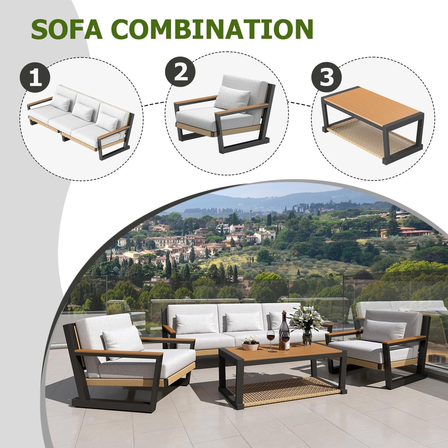 Aluminum Outdoor Patio Furniture Set 5 Seat, Patio Conversation Set with Durable Mesh Rope Weaving, Wide Armrests and Seats, Metal Sofa Set for Patio Yellow