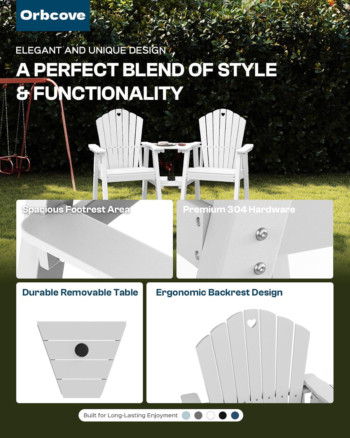 Tall Adirondack Chairs Set of 2 with 2-Layer Connecting Table, HDPE Bar Height Outdoor Table and Chairs with Umbrella Hole, All Weather Outdoor Bar Stools for Patio, Deck, Yard (White)