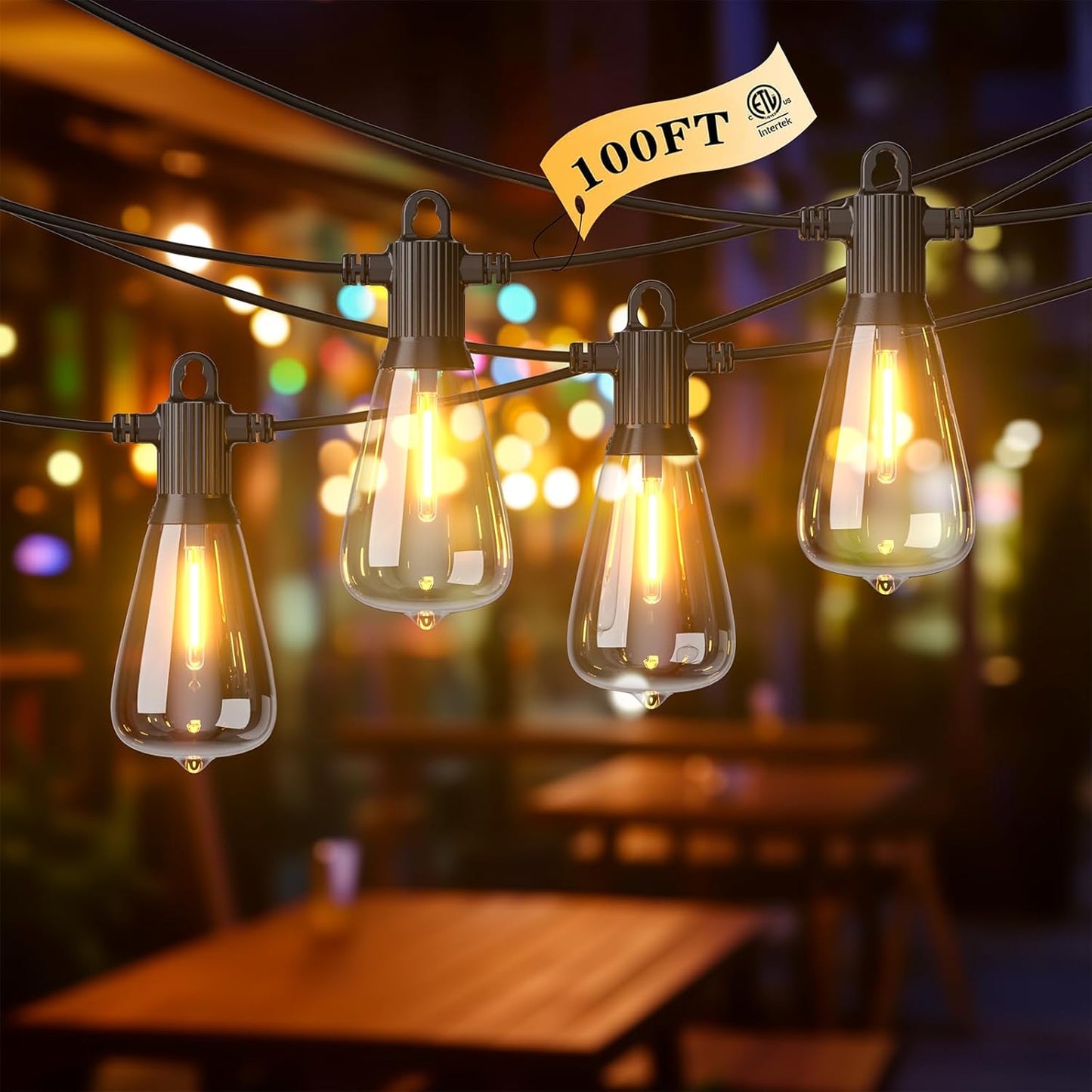 FOOMAN LED Outdoor String Lights, 100FT Outside Waterproof Patio Lights with 50+3 Shatterproof ST38 Edison Bulbs, 2700K Warm White Hanging Light, Dimmable Light for Back Yard Porch Party Gezebo