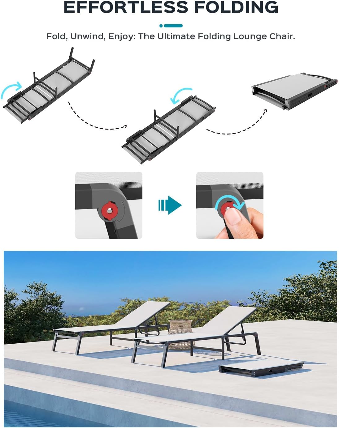 Patio Chaise Lounge Chair, Foldable Lounge Chair for Outside, Aluminum Chairs Set of 2 with 5 Adjustable Backrest, Outdoor Pool Lounger for Poolside, Lawn, Deck, White