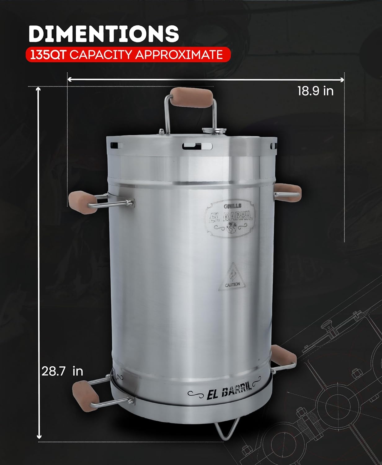 El Barril Lite Medium Barrel Smoker Grill, Stainless Steel 430, 30 lb Capacity, 12 Meat Hooks, Upper Grill and Handler, Portable Charcoal BBQ (Lite 30LBS Medium)