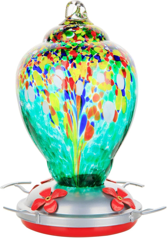 WOSIBO Hummingbird Feeder for Outdoors Patio Large 32 Ounces Colorful Hand Blown Glass Hummingbird Feeder with Ant Moat Hanging Hook, Rope, Brush and Service Card (Green)