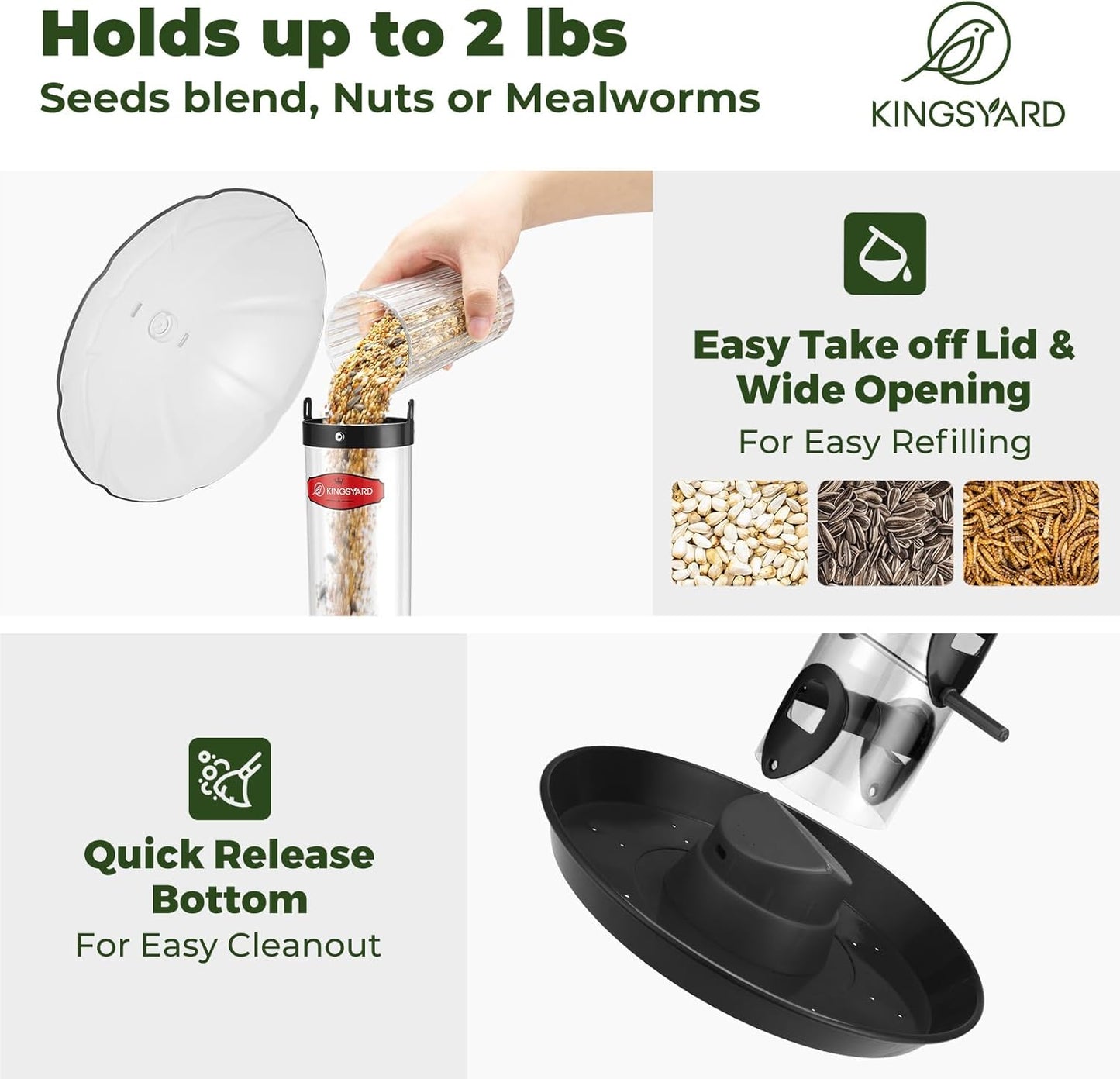 Kingsyard Metal Bird Feeders for Outdoors Hanging, Wild Bird Feeder for Finch Cardinal, Large Tray and Rainproof Dome, 2 lbs Seeds Capacity (Black)