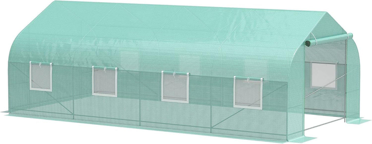 Outsunny 20' x 10' x 7' Outdoor Walk-in Greenhouse, Tunnel Green House with Roll-up Windows, Zippered Door, PE Cover, Heavy Duty Steel Frame, Green