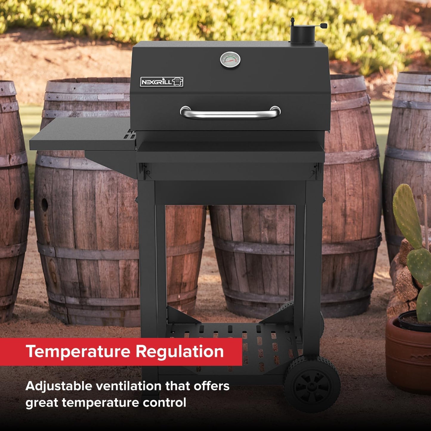 Nexgrill 22" Barrel Charcoal Grill with Side Shelf, 550 SQ In Cooking Space, Adjustable Chimney, Air Dampers, Temperature Gauge, Warming Rack, Smoker Grill for Camping, Picnics, and More - 810-0025