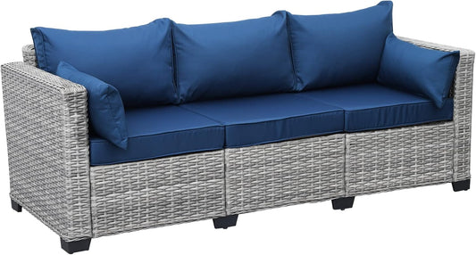 Rattaner Outdoor Furniture Outdoor Couch Grey Wicker Patio Furniture 3-seat Sofa Deep Seat Hight Backrest with Waterproof Cover and Anti-Slip Cushions, Navy Blue