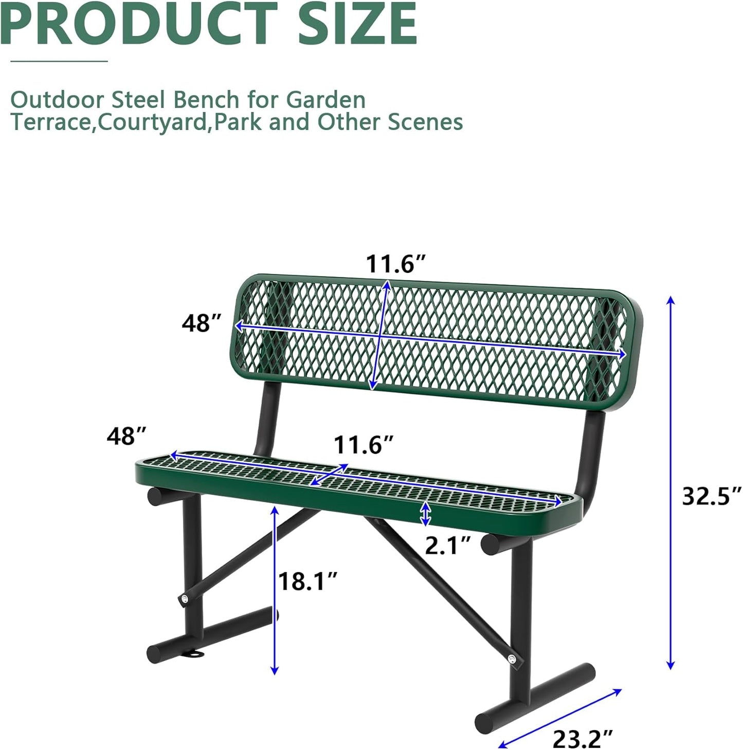 4FT Benches for Outside, Heavy-Duty Portable Outdoor Garden Bench with Back, Metal Park Bench, Commercial-Grade Seating,Industrial Bench Patio Bench Furniture for Beach Yard School Shopping Centers