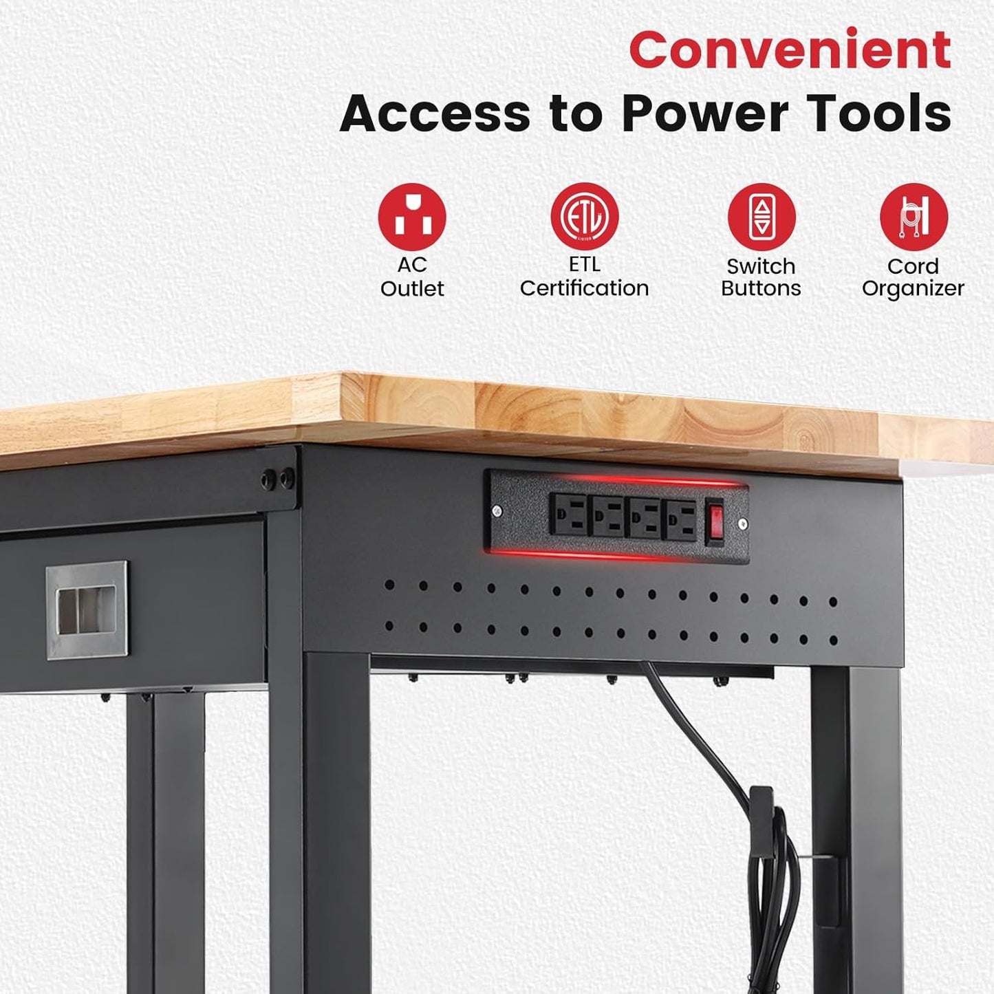 Workbench for Garage with Drawers 48 x 24 Inch Rubberwood Tabletop Work Table with Pegboard, Power Outlets Adjustable Height Work Bench for Woodworking Shop, Home, Office