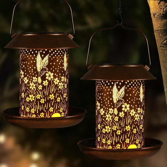 Bird Feeders for Outdoors Hummingbird Solar Lanterns Outdoor Waterproof Garden Decor Gifts for Women Mom Grandma Metal Solar Decoration Outside LED Lanterns for Yard, Patio, Lawn, Pathway(2 Pack)