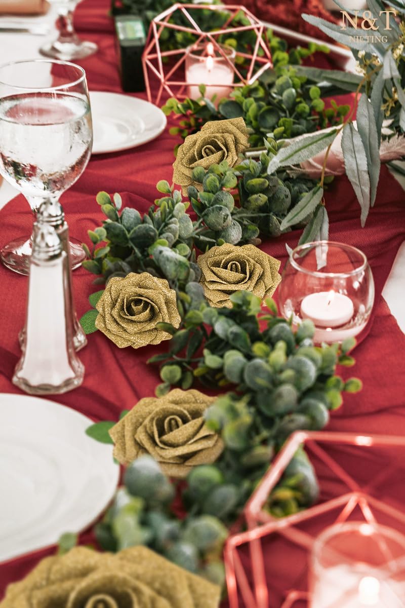 N&T NIETING Artificial Flowers Glowing Gold Flowers Foam 25pcs Glitter Roses Real Looking Fake Roses with Stem for DIY Wedding Bouquets Centerpieces Bridal Shower Party Home Decorations