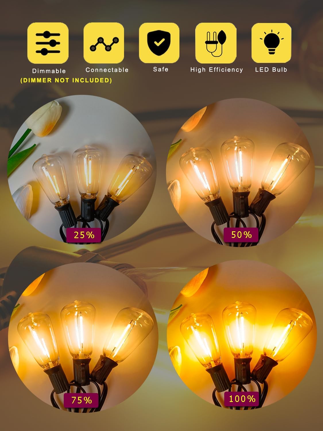 DAMAING Outdoor String Lights Weatherproof 400FT shatterproof connectable Patio Lights for Outside 4 Pack x 100FT with 208 Vintage dimmable LED Edison Bulbs,Hanging Lights for Garden,Balcony