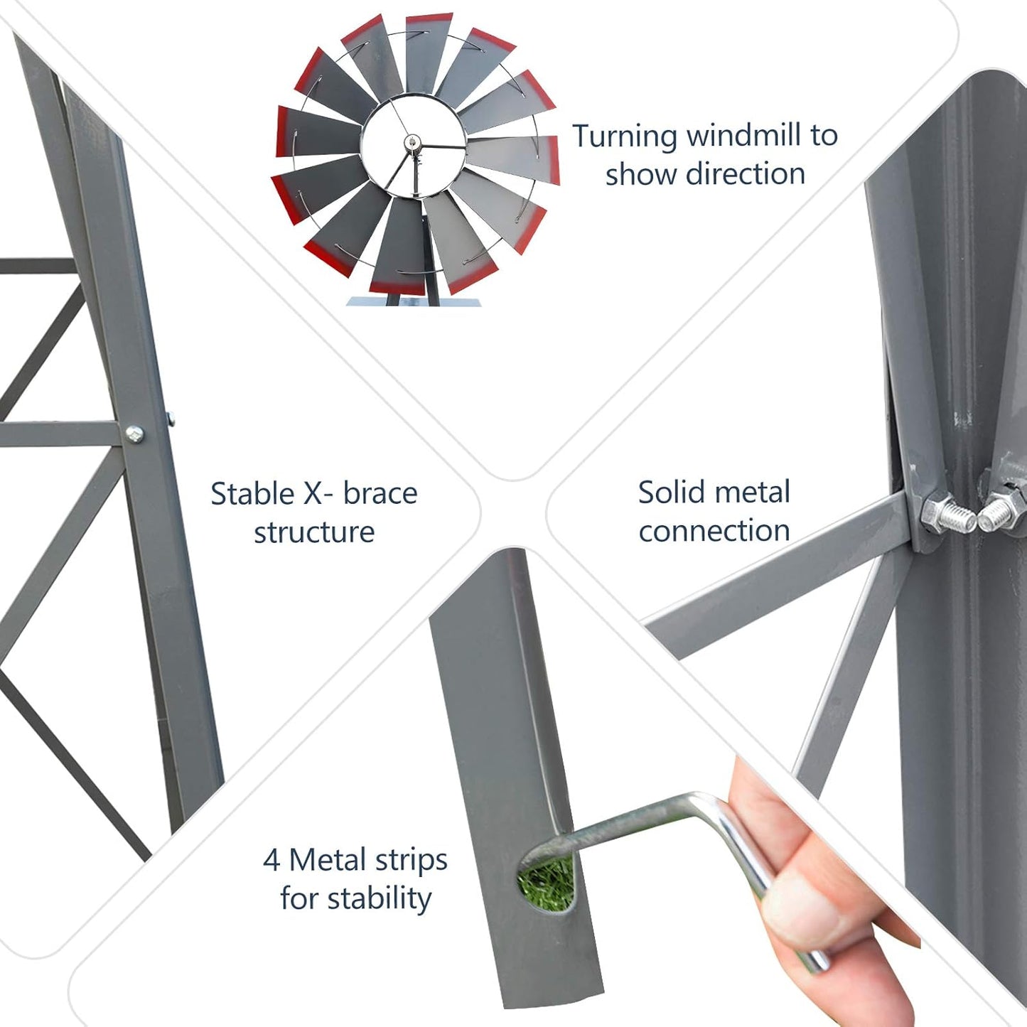 8ft Garden Windmill, Heavy Duty Durable Metal Weather Vane for Backyard, Ornamental Windmill for Yard Weather Resistant (Gray, 8FT)