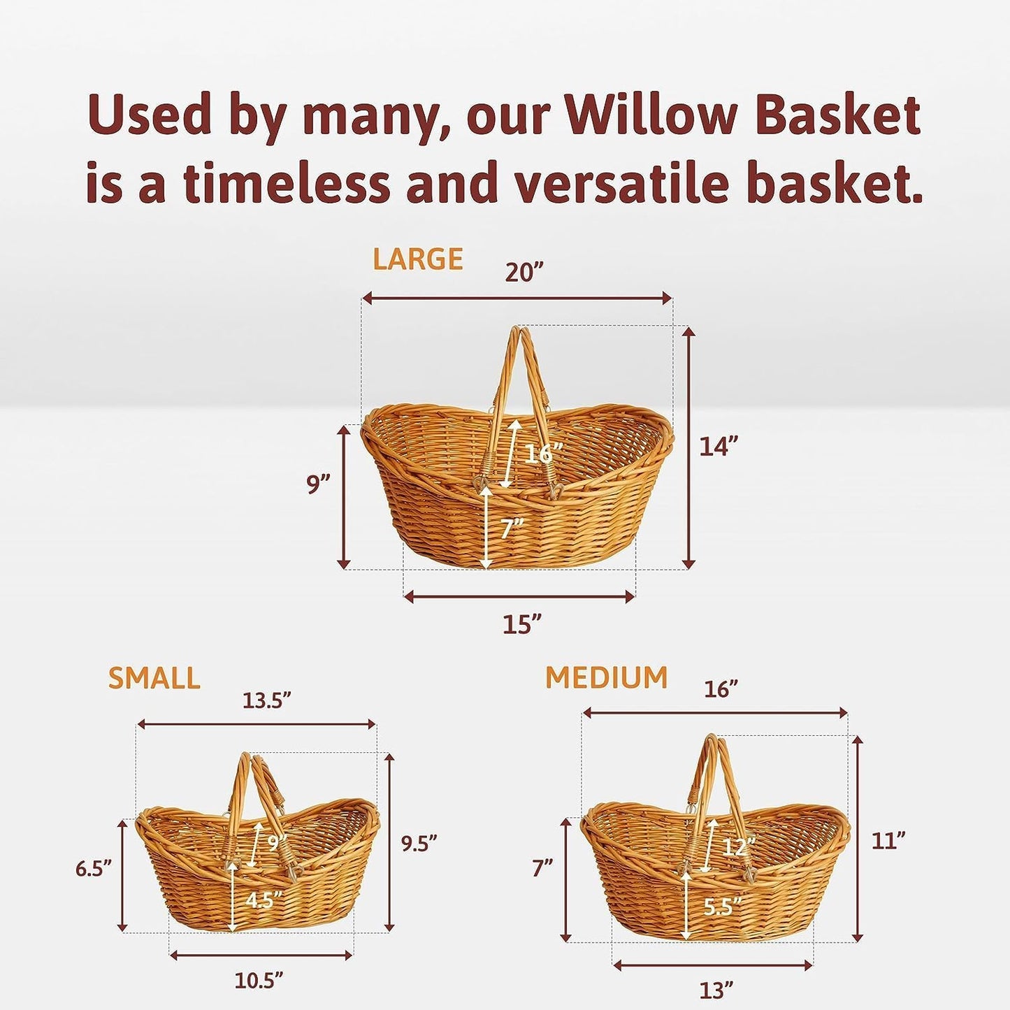 Wald Imports - Large Light Brown Hand Woven Wicker Basket for Storage with Handles - Woven Basket - Wicker Baskets for Picnics, Easter, Organizing, and More (20 x 7.5 inches)