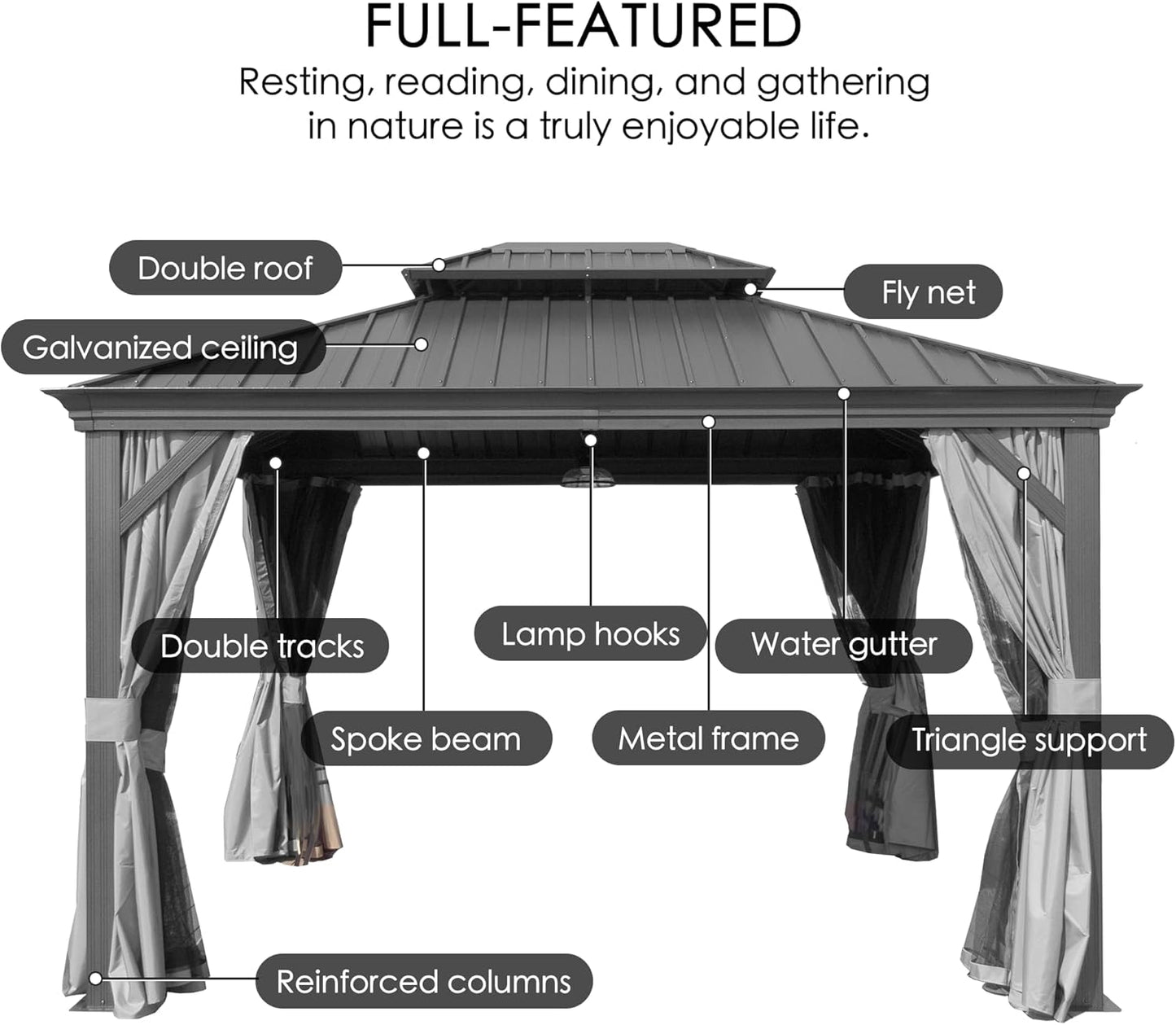 Kozyard Alexander 12' X 20' Hardtop Permanent Aluminum Metal Gazebo with Galvanized Steel Double Roof Canopy, Curtain and Netting Pavilion for Patio, Backyard, Deck, Lawn (Gray)