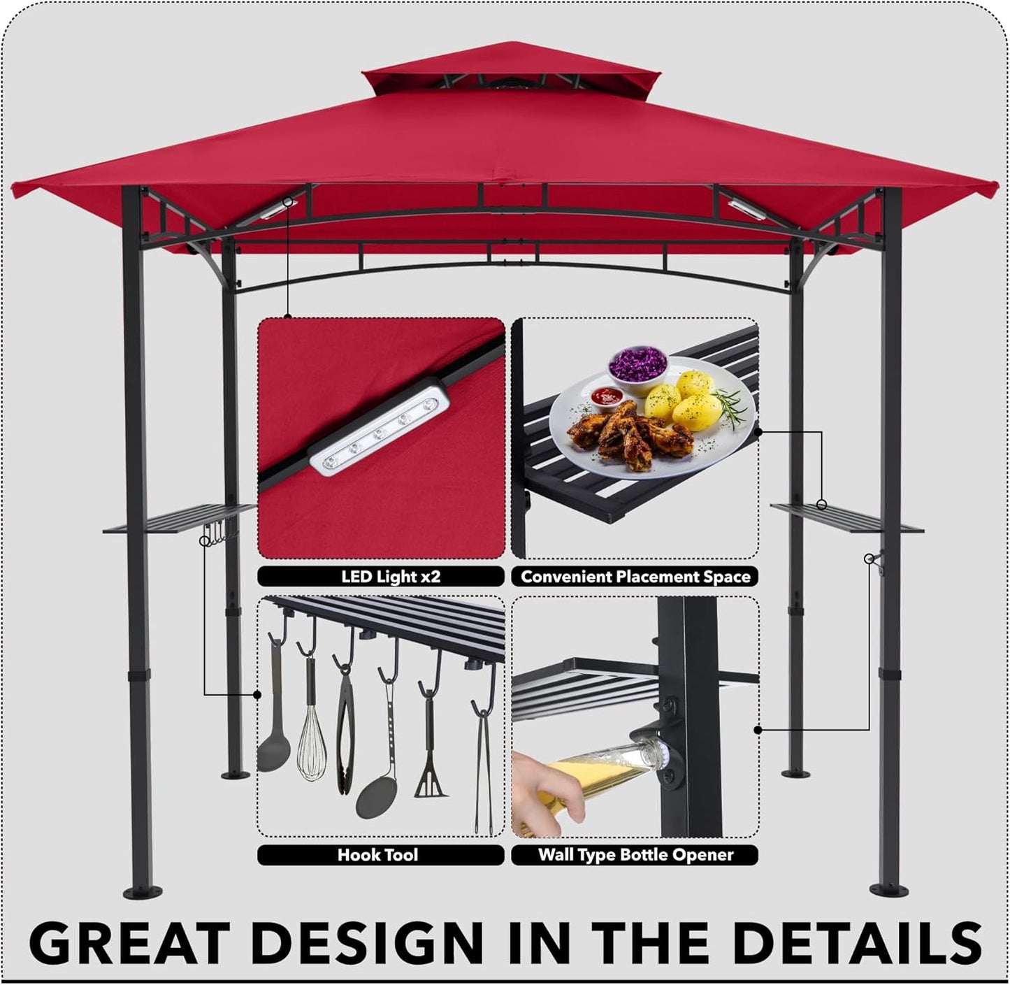 MASTERCANOPY 8 x 5 Grill Gazebo Outdoor BBQ Gazebo Canopy with 2 LED Lights (Burgundy)