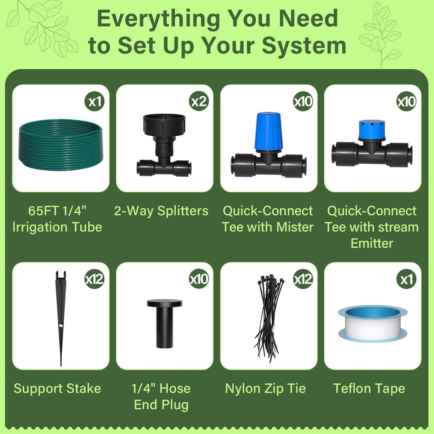 Bonviee 65FT Drip Irrigation System with Quick Connector- New Automatic Drip Irrigation Kits Garden Watering System for Raised Bed Garden Greenhouse with 1/4'' Tubing, Drip Emitters, Connectors