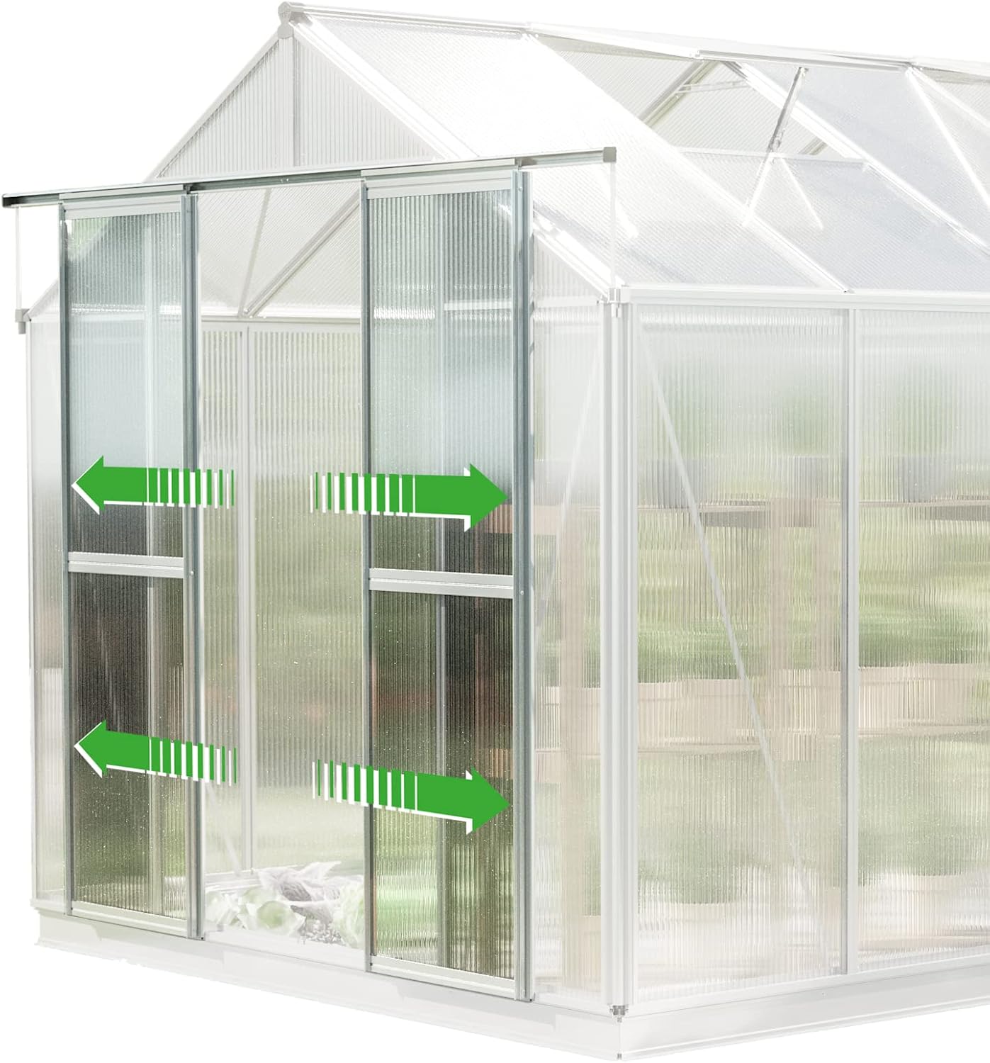 Greenhouse Saphir 4 Aluminum Frame 8.5 x 8.5 ft Approx. 8 mm Polycarbonate Panels - with Bonus Base Frame and Automatic Vent Opener
