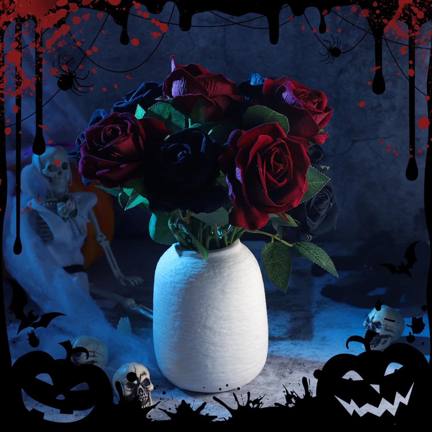 36 Pcs Silk Black Red Rose Bouquet Bridal Artificial Flowers,Fake Rose Long Stem Realistic Artificial Flowers Bulk for Wedding Bouquet Ball Arrangement Centerpiece Party Decor