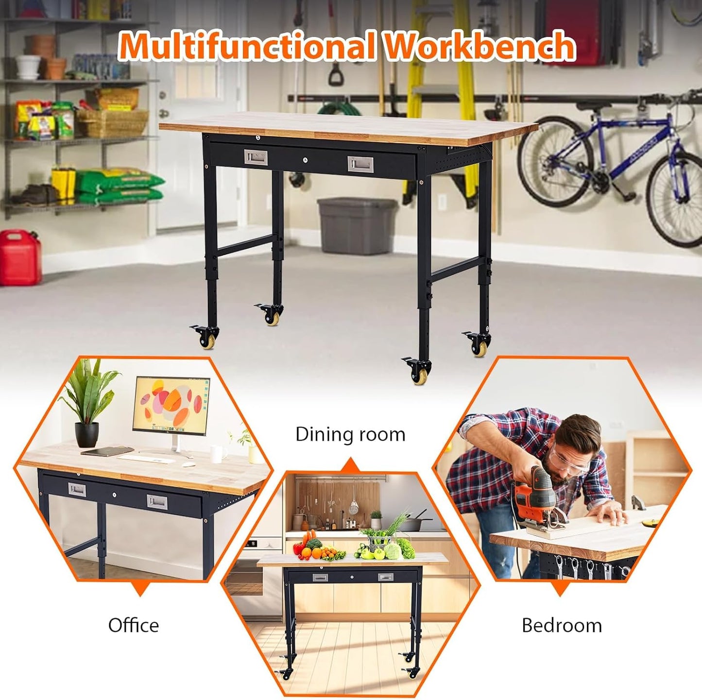 60'' Adjustable Workbench, Heavy Duty Workbench with Drawer, Power Outlet and Lockable Wheels, 2000 LBS Capacity, Work Table Suitable for Office, Garage, Workshop