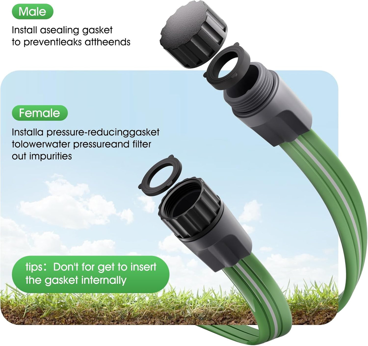 50 FT Sprinkler Soaker Hose for Garden Lawn, Durable Flat Water Hose with 10 Stakes, Water-Saving Irrigation Tubing with Multi-Directional Spray (Up to 8 FT Range)