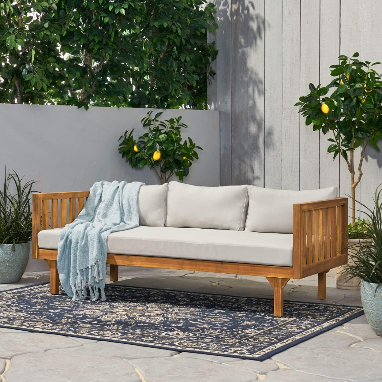 Christopher Knight Home Tina Outdoor 3 Seater Acacia Wood Daybed, Teak Finish, Light Grey