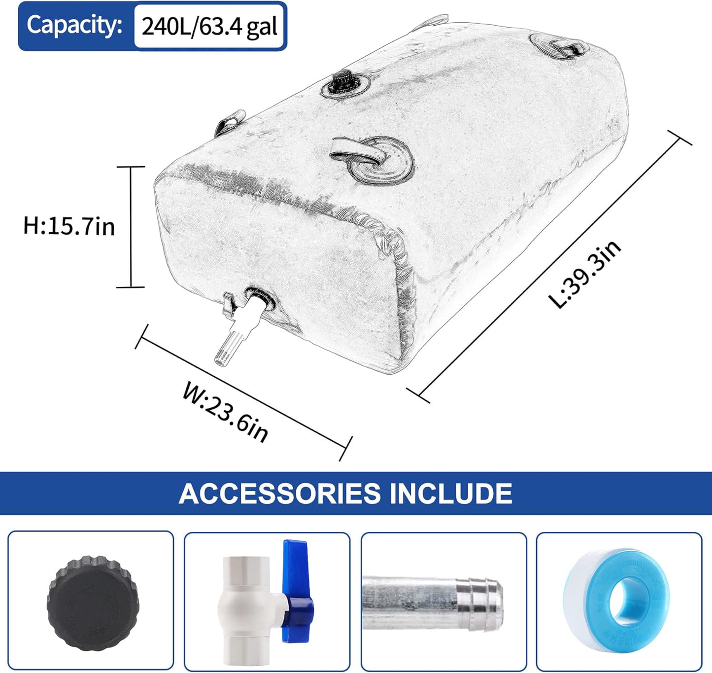 240 L/63 Gal Water Bladder Tank, Foldable Portable Water Storage Container, Emergency Water Bag for RV, Truck Bed, Fire Prevention, Drought Resistance, Blue