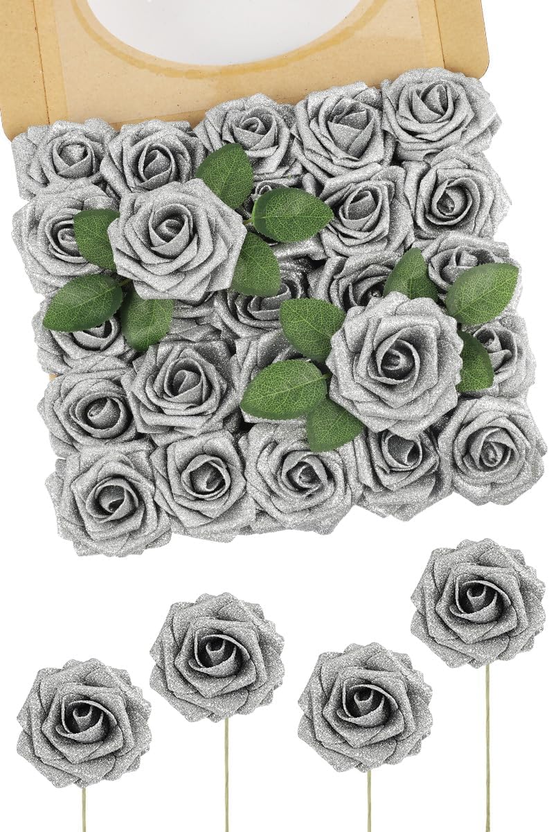 N&T NIETING Artificial Flowers Glowing Silver Flowers Foam 25pcs Glitter Roses Real Looking Fake Roses with Stem for DIY Wedding Bouquets Centerpieces Bridal Shower Party Home Decorations