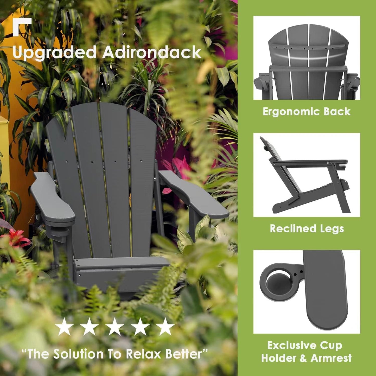 GREENVINES Folding-Adirondack-Chair | HDPE Plastic | Fire Pit Chairs | All Weather | Cup Holder | Grey | for Deck Backyard Patio Outdoor Garden