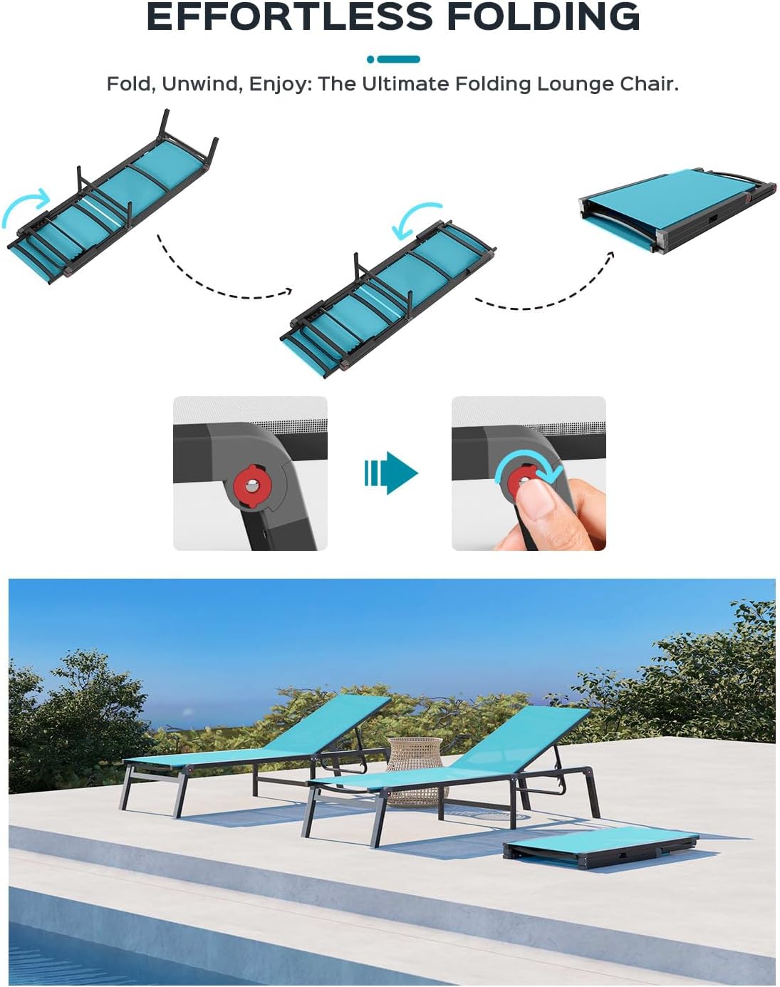 Aluminum Chaise Lounge Ourdoor - Foldable & Assemble Free Outdoor Lounge Chair with 5 Adjustable Backrest, Patio Lounge Chair for Outside Poolside Beach Pool, Lake Blue