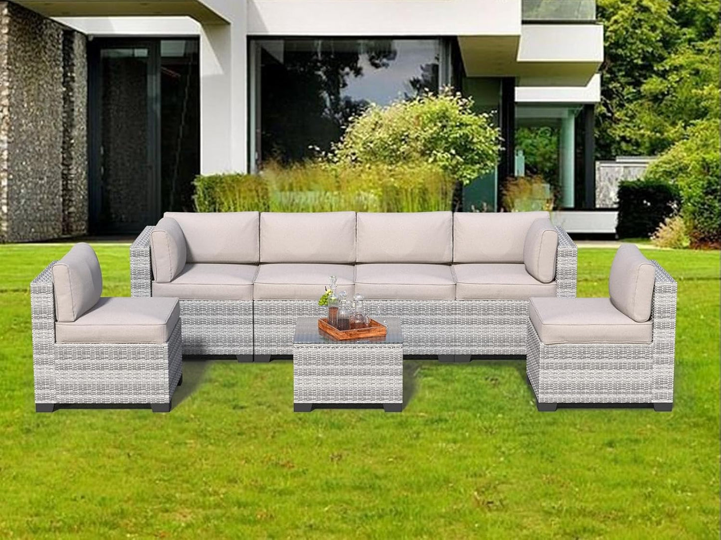 7 Piece Patio Furniture Set, Rattan Outdoor Patio Conversation Sets, Outdoor Sectional Furniture with Waterproof Cushion and Coffee Table, for Deck, Backyard, Garden, Field Gray