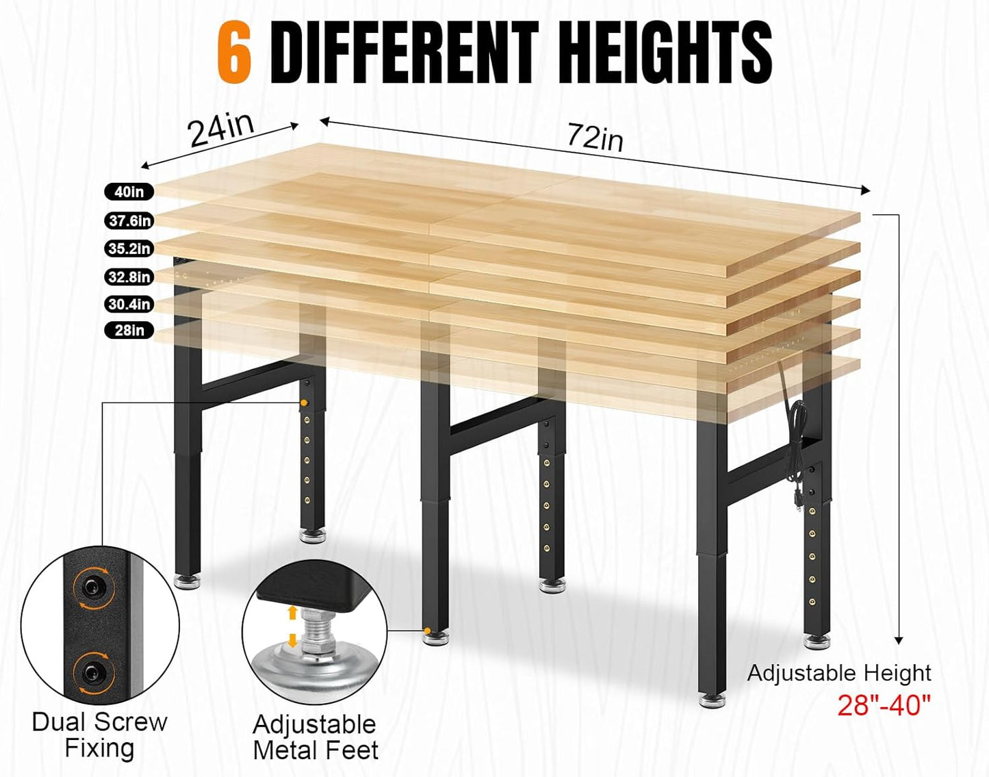 MUWOOD 72” Adjustable Height Workbench, 5000 LBS Heavy Duty Table Rubber Wood Workstation with Power Outlet & Pegboard for Garage, Office, Workshop, Home,Commercial