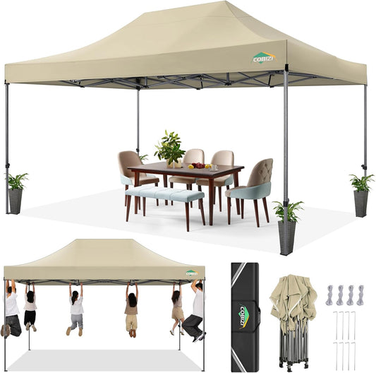 COBIZI 10x15 Heavy Duty Pop up Canopy Tent Easy Up Commercial Outdoor Canopy Wedding Party Tents for Parties All Season Wind & Waterproof Gazebo with Carry Bag, Khaki(Frame Thickened)