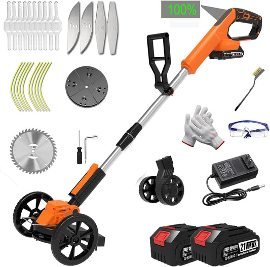 Weed Wacker Battery Powered Electric Cordless Weed Trimmer, with 2Pcs 21V Battery 5 Types Blades Lightweight Grass Trimmer Edger Lawn Tool, Push Wheeled No-String Trimmer for Garden Yard