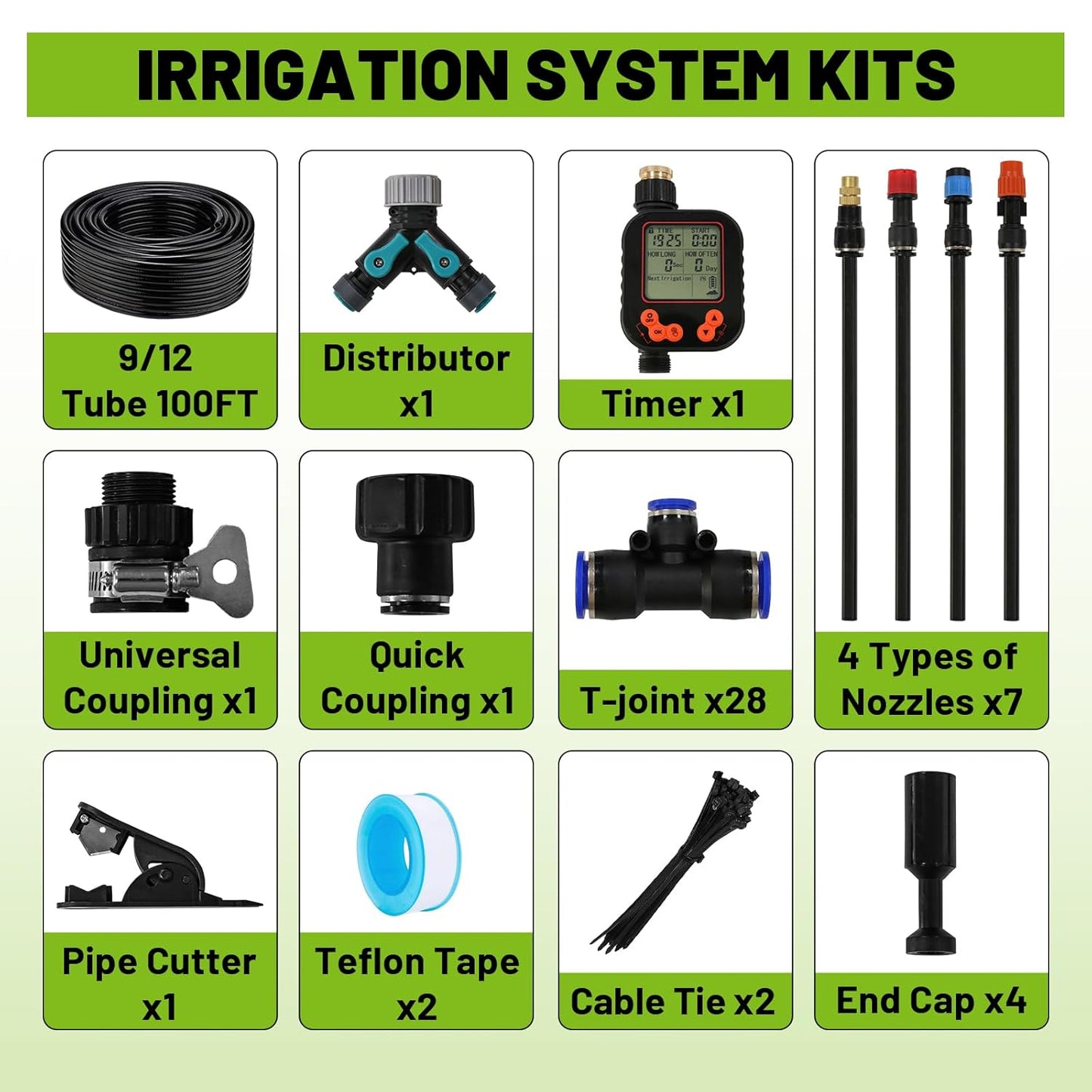 Drip Irrigation Kit - 100 FT. Hose Sprinkler System with 360° nozzles and T-connectors for Gardens, lawns, Plants, Flower beds, Trees, patios and hydroponics (28 nozzles + 28 connectors)
