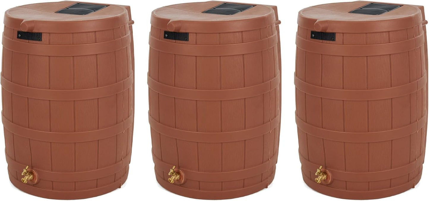 Good Ideas Rain Wizard 50 Gallon Plastic Outdoor Home Rain Barrel Water Storage Collector with Brass Spigot and Flat Back Design, Terra Cotta (3 Pack)