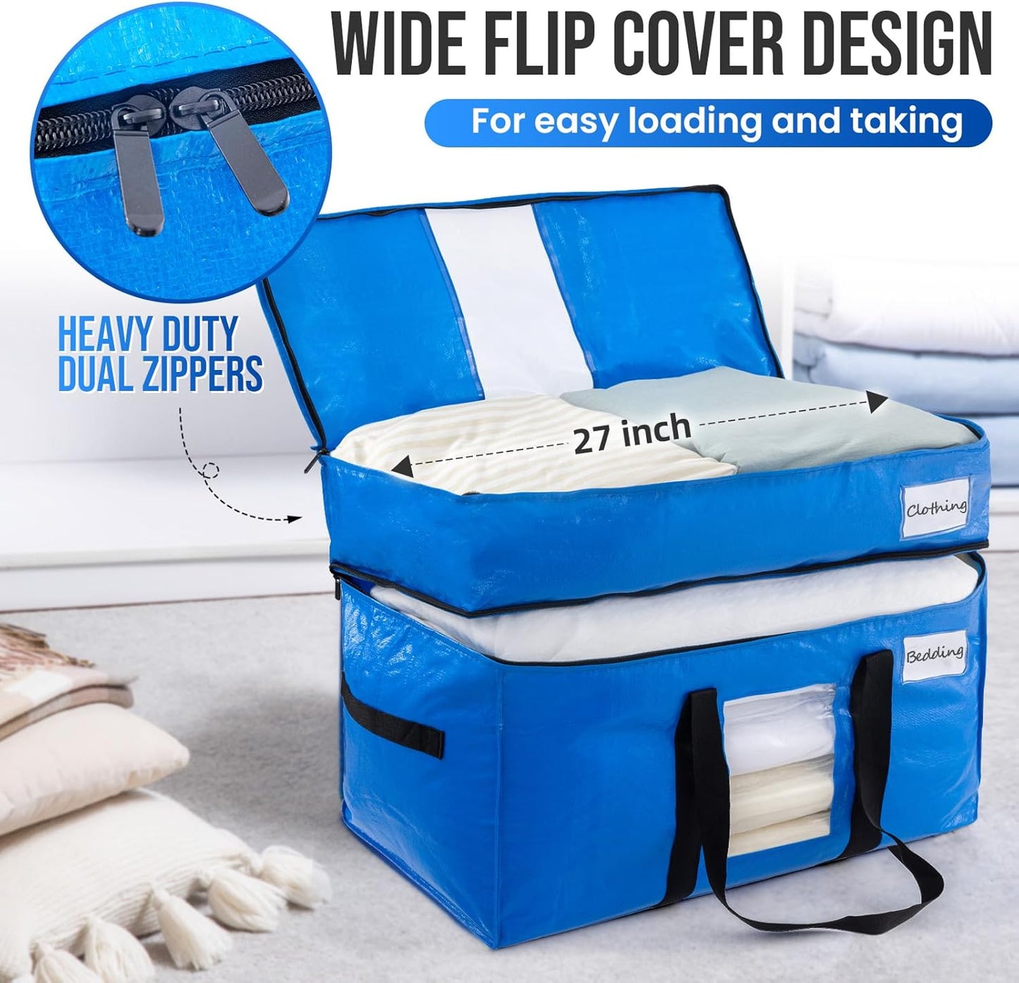 TAILI 2 Tier Extra Large Moving Bags, 4 Pack Blue Heavy Duty Totes For Storage with Visible Window, Wrap Around Handles, Storage Bags for Space Saving, Alternative to Moving Boxes