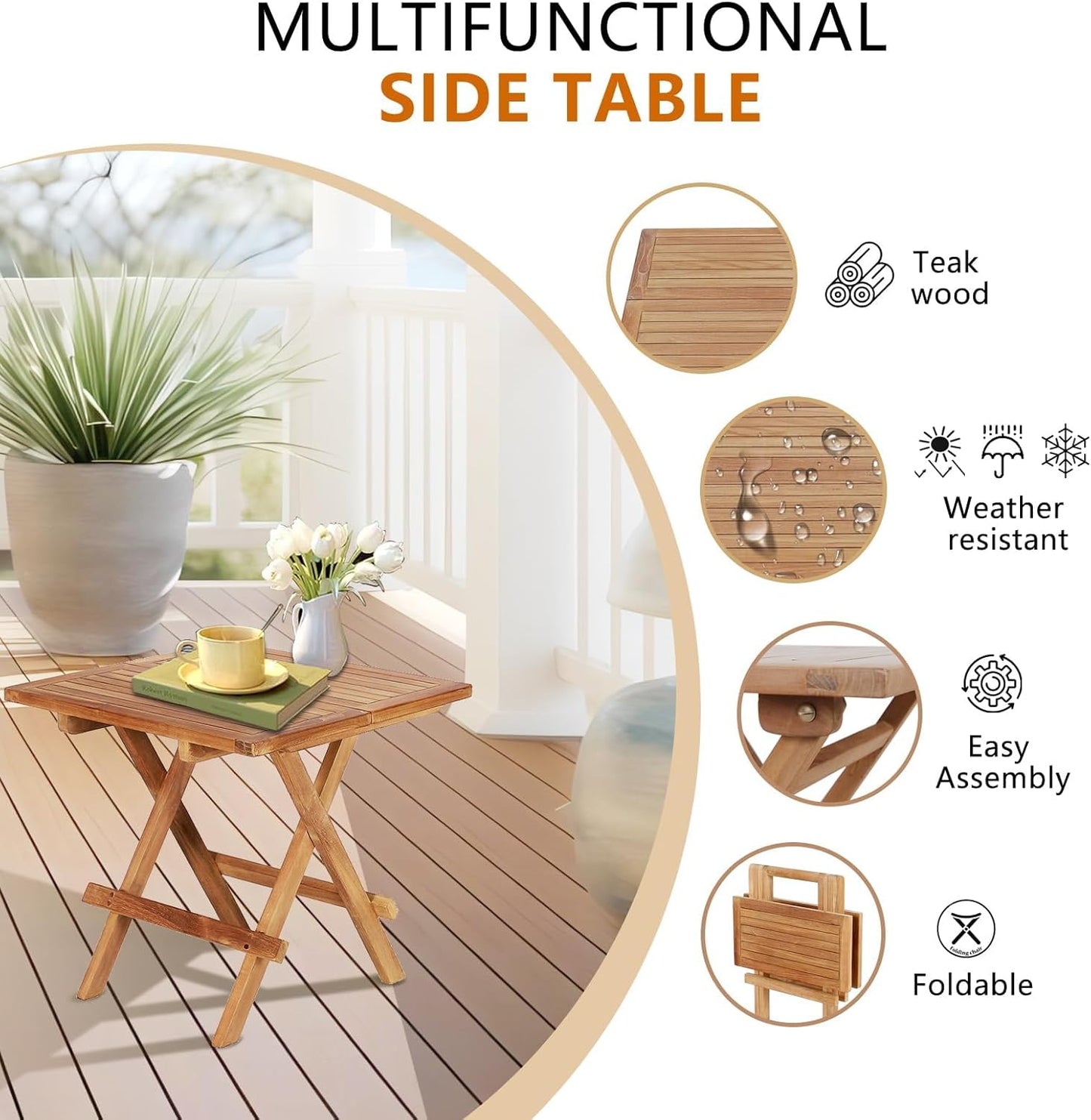 Teak Wood Patio Side Table, Square Folding Outdoor Side Table Waterproof, Sturdy Portable Bistro Table for Camping Deck Poolside