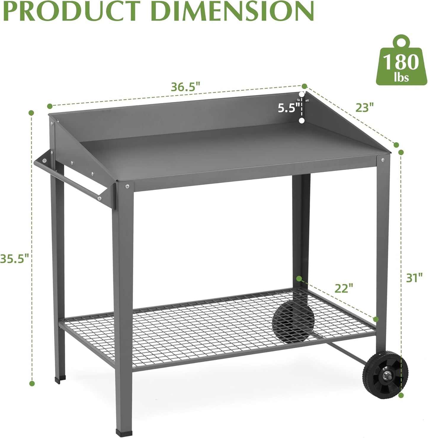 Outdoor Metal Potting Bench with Wheels, Heavy Duty Garden Workbench Table with Storage Shelf (Dark Gray, 36"x38.8")