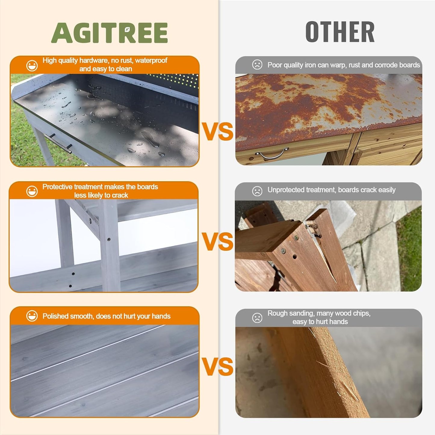 Outdoor Potting Bench Table,Garden Work Bench Metal Tabletop Horticulture with Shelf Rack Wooden Potting Benches for Outside with Holey Board/Hooks/Pads/Drawer/Adjustable and Cabinet,Gray